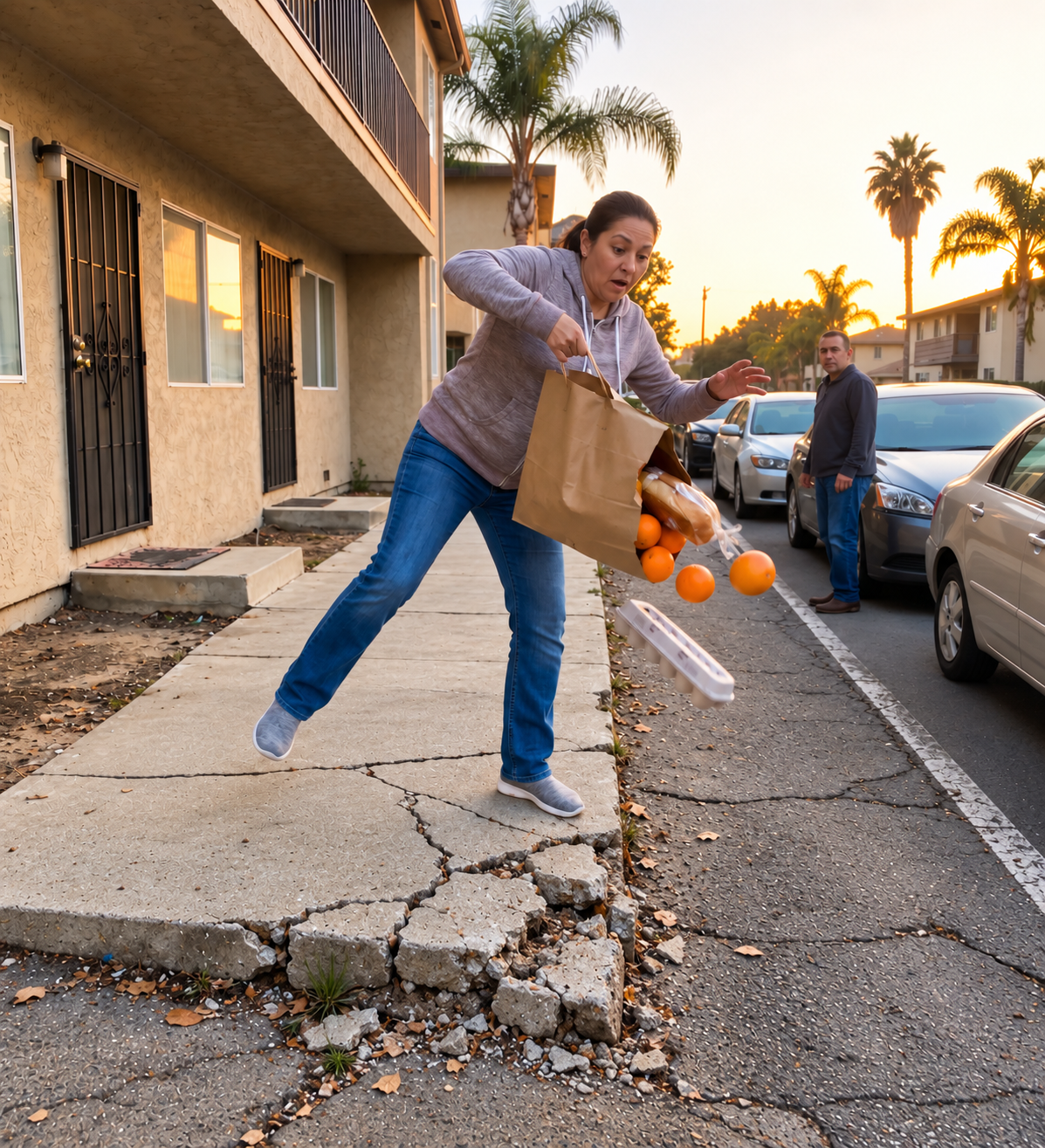 sunset grocery mishap by crumbled sidewalk